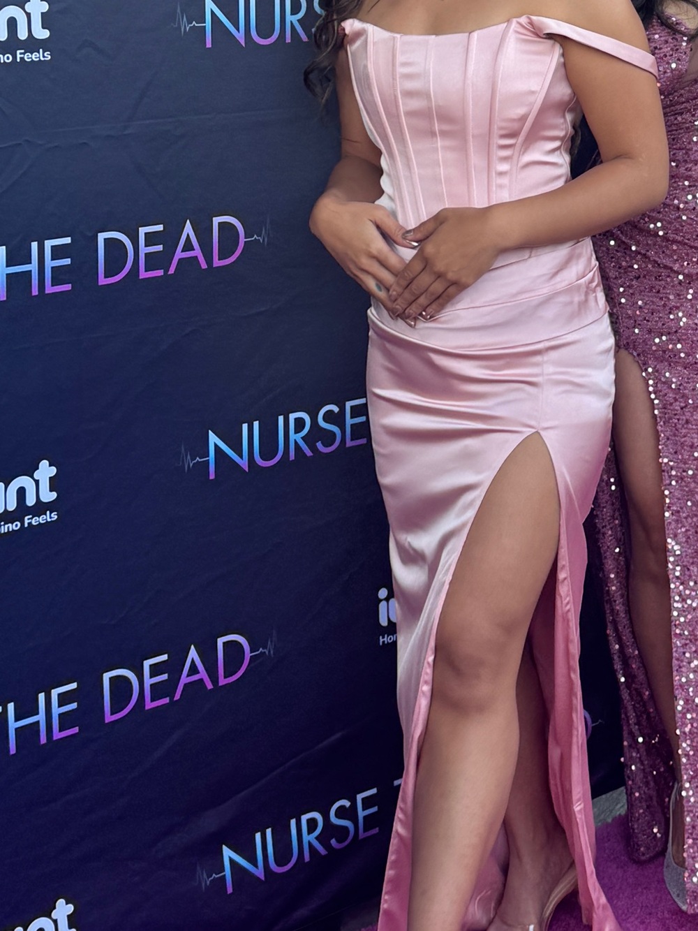 Off-Shoulder Pink Satin Strapless Gown with High Slit